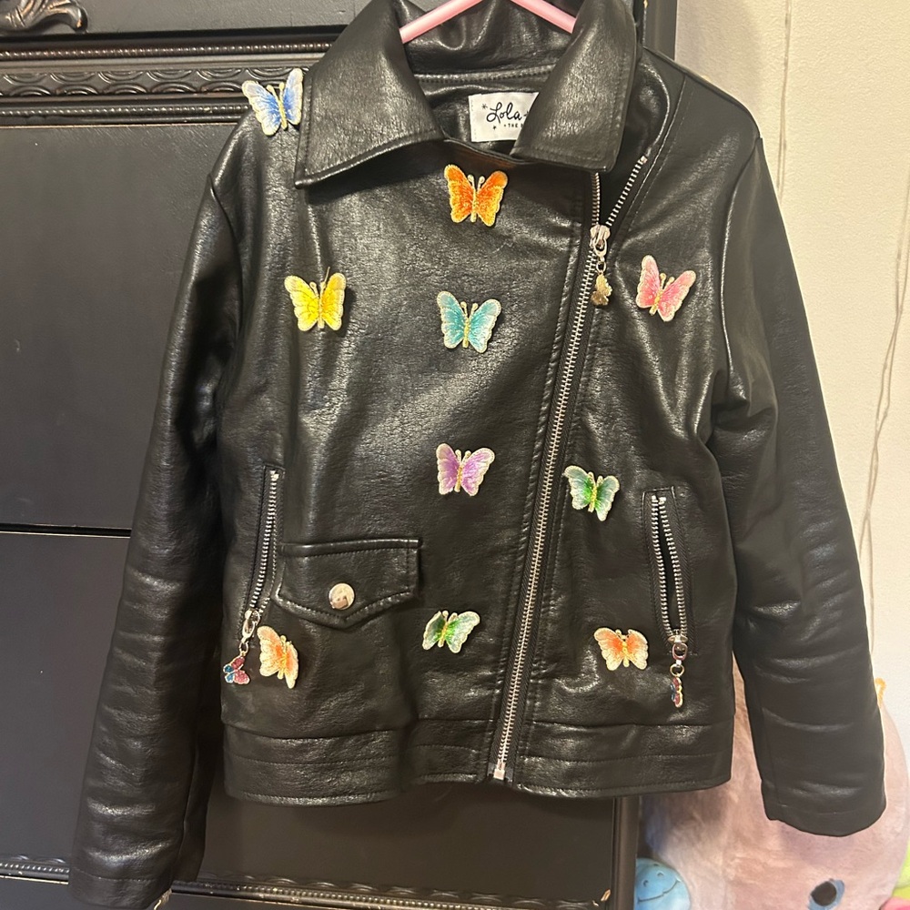 Lola Black Leather Jacket with Colorful Butterflies